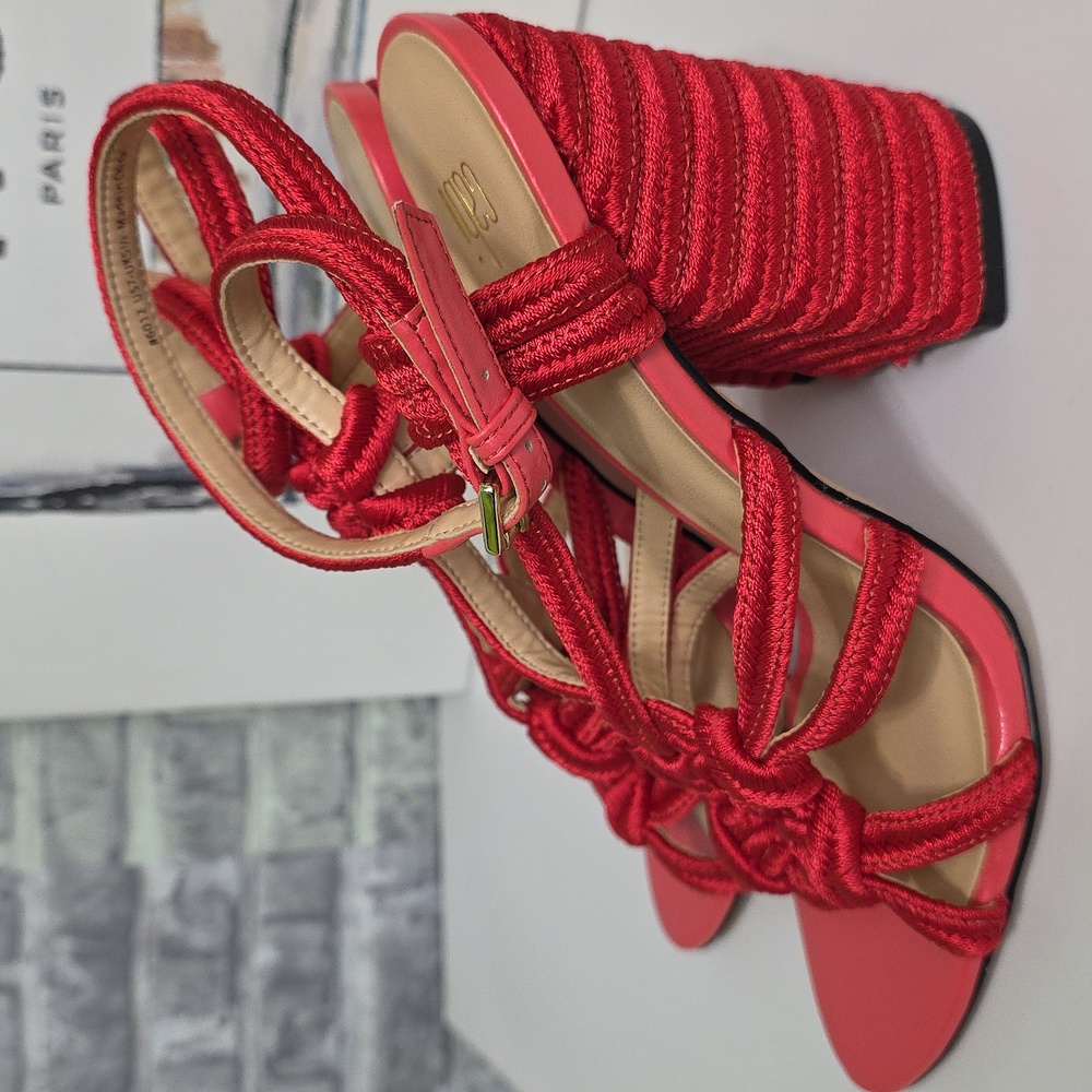 CAbi Tip Toe Red Rope Strappy Block Heel Ankle Strap Sandals Size 7 Style 6012 - Picture 6 of 13